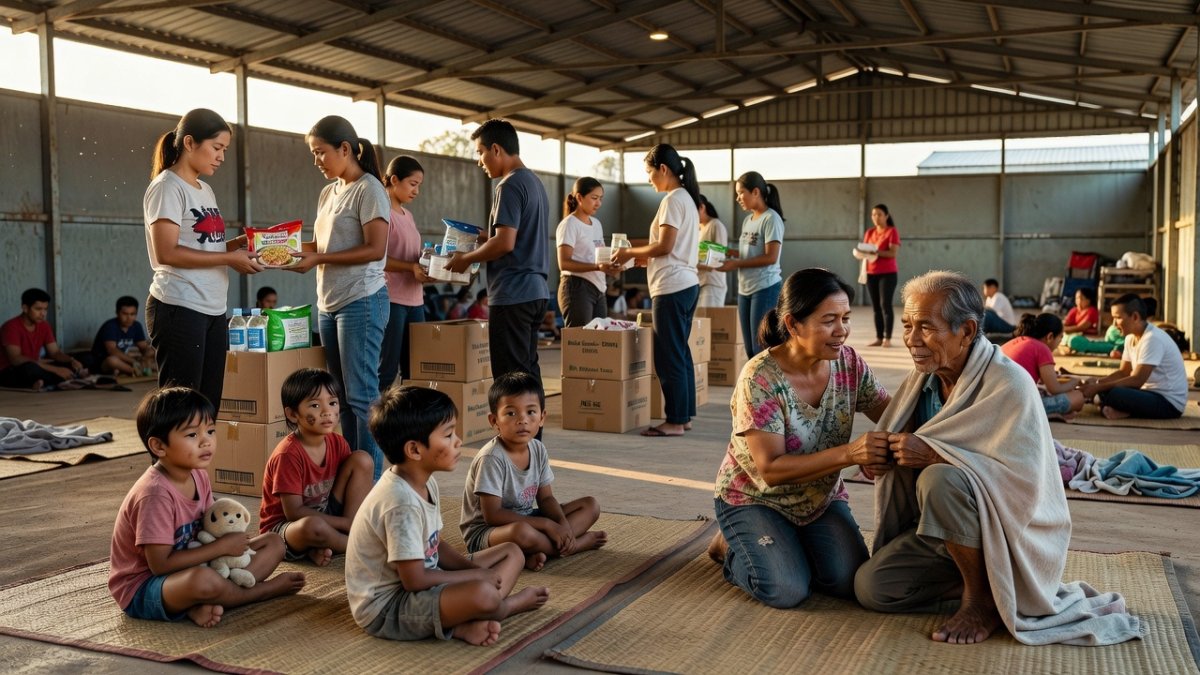 Filipino families in evacuation center after Mindanao earthquake showing community bayanihan spirit