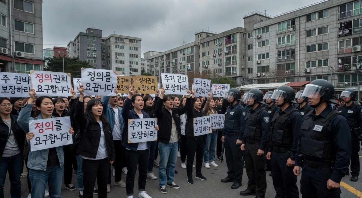 Protesters gathered outside a polling station in Jamsil-dong, Songpa-gu, Seoul