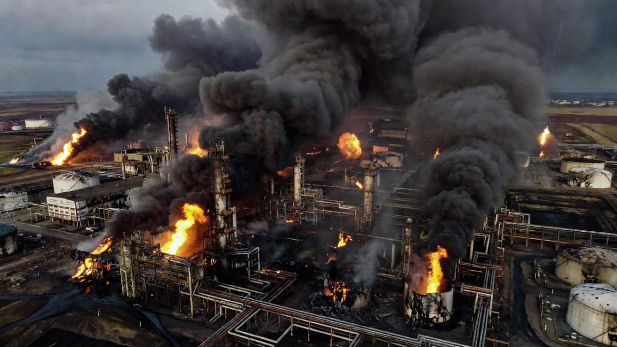 Aerial view of Russian oil refinery burning after Ukrainian strike