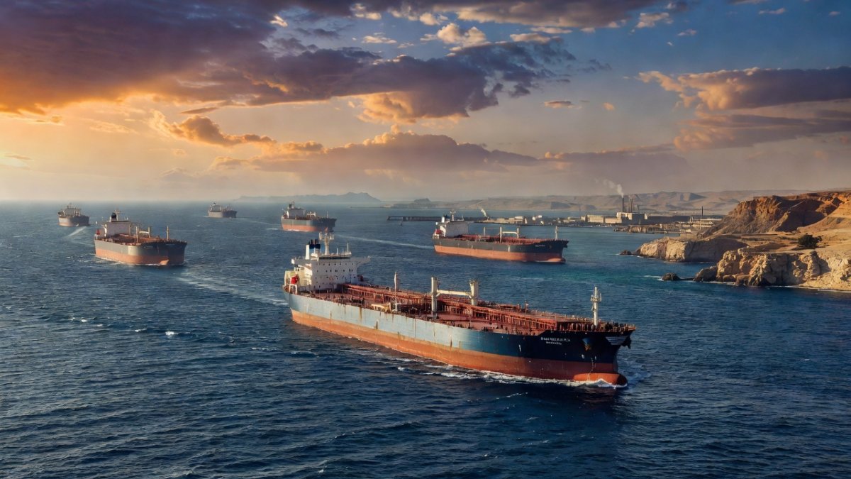 Satellite view of oil tankers navigating the Strait of Hormuz