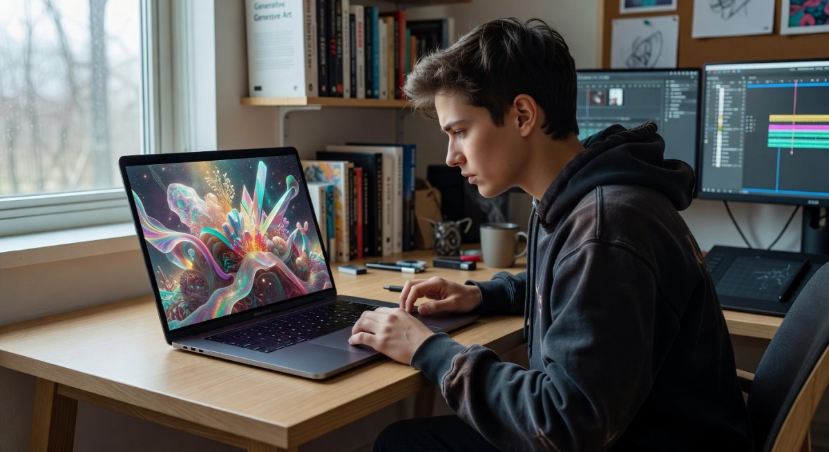 Digital creator working on a laptop with AI image generation software