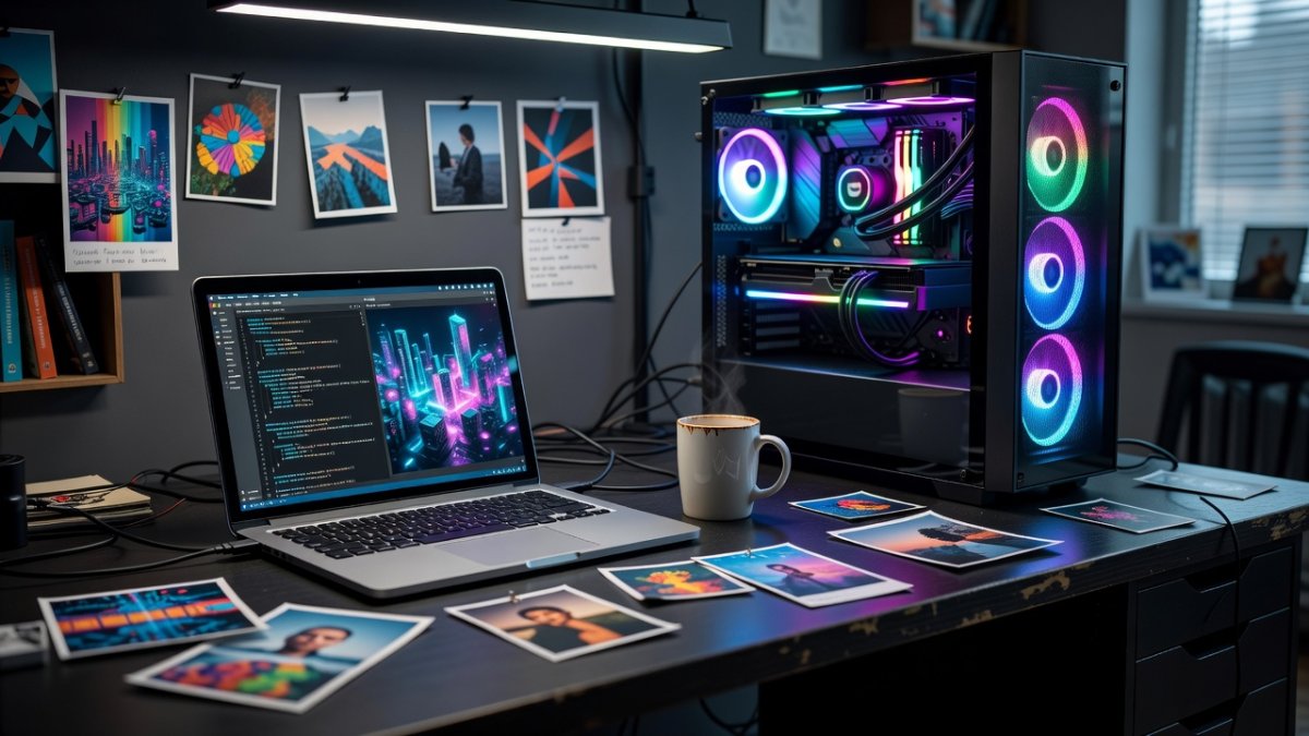 AI creator workstation with GPU tower, laptop, and reference materials for AI model training
