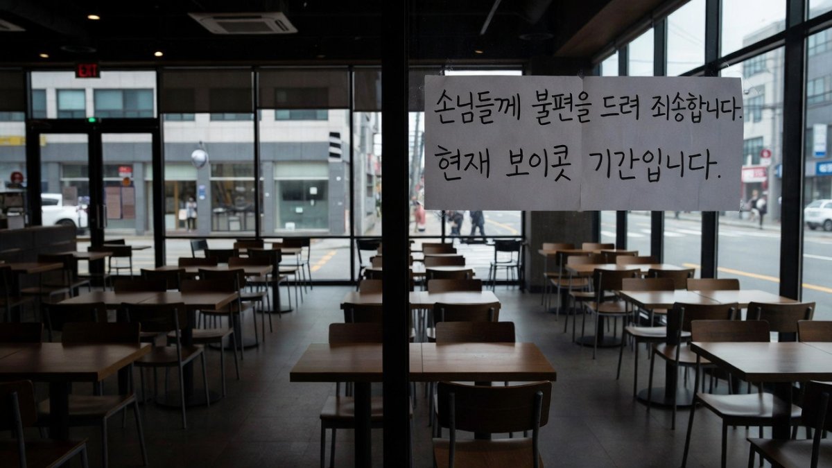 Empty Starbucks interior in Gwangju during the boycott, showing vacant tables and an apology notice posted on the window