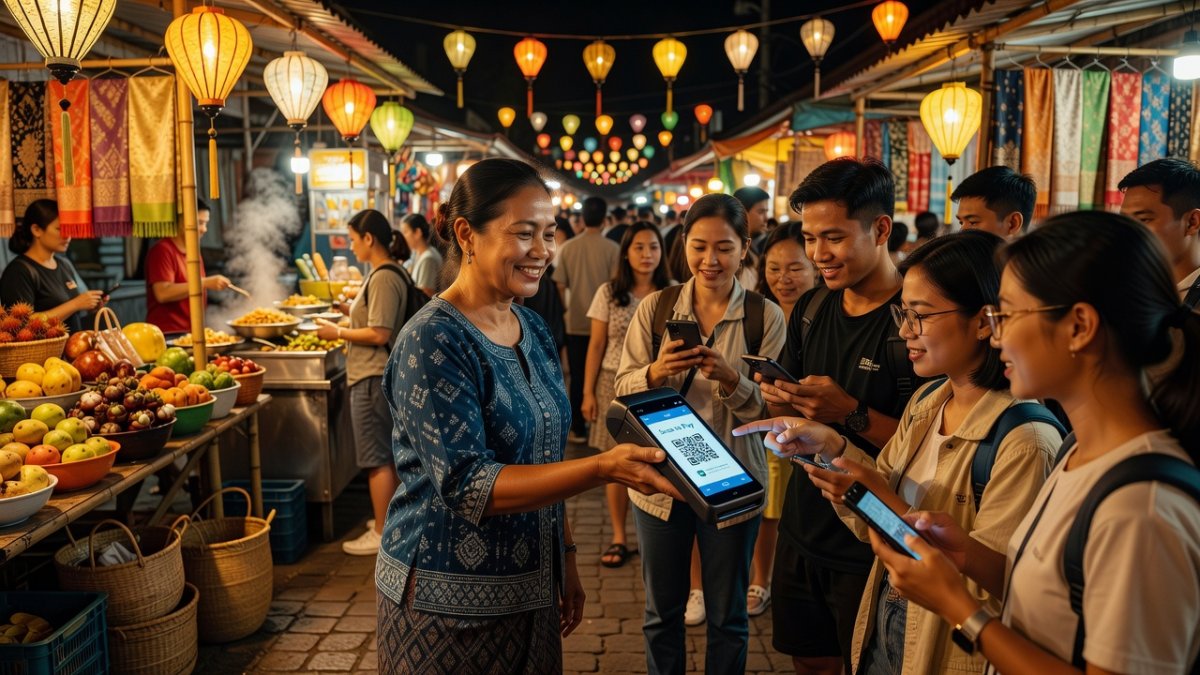 Thai merchant at a night market showing QR payment options to tourists in Chiang Mai