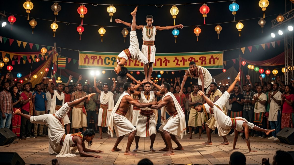 Members of Ethiopian circus troupes Blackbird and Afro Twins performing synchronized acrobatics, showcasing the discipline and artistry of East African circus tradition.