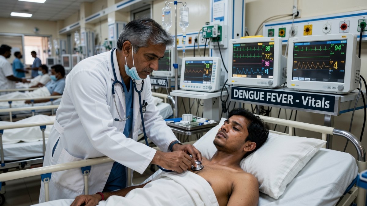 Physician examining dengue patient with low platelet count in Indian hospital ward