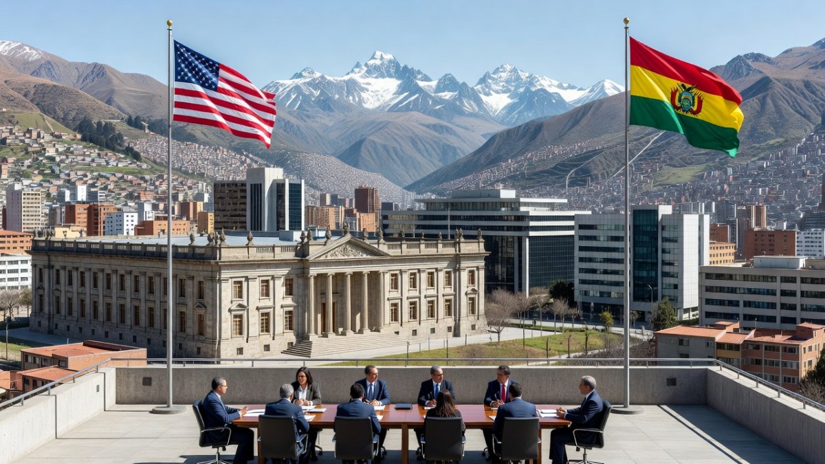 La Paz skyline with Andean mountains, Bolivian and US flags representing renewed diplomatic ties