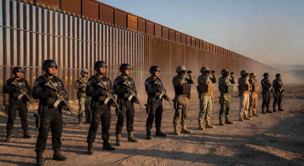 Mexican federal authorities and soldiers at the US-Mexico border near Tijuana conducting security operations