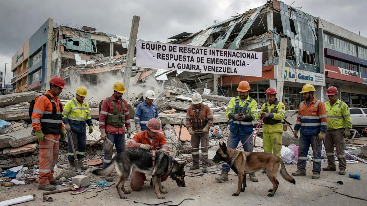 International rescue teams searching through earthquake rubble in La Guaira