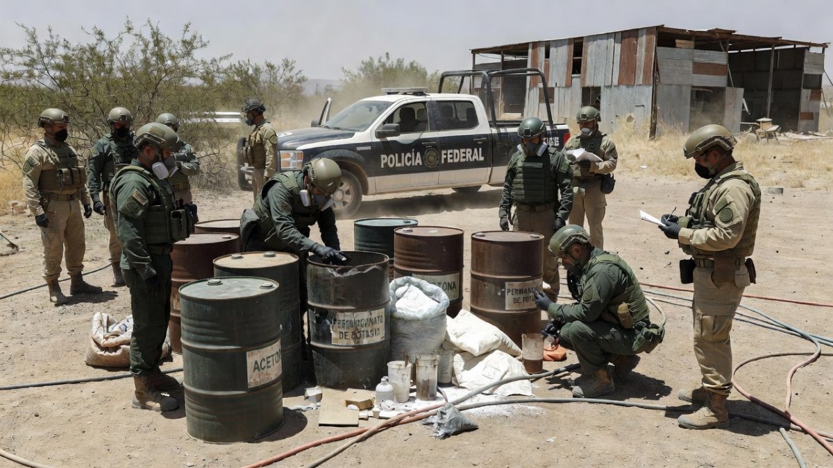 Security forces inspect chemical drums seized during the Los Mochis drug bust
