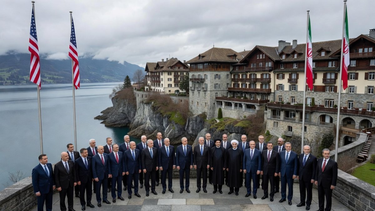 Burgenstock resort in Switzerland hosting US-Iran peace negotiations with diplomatic flags