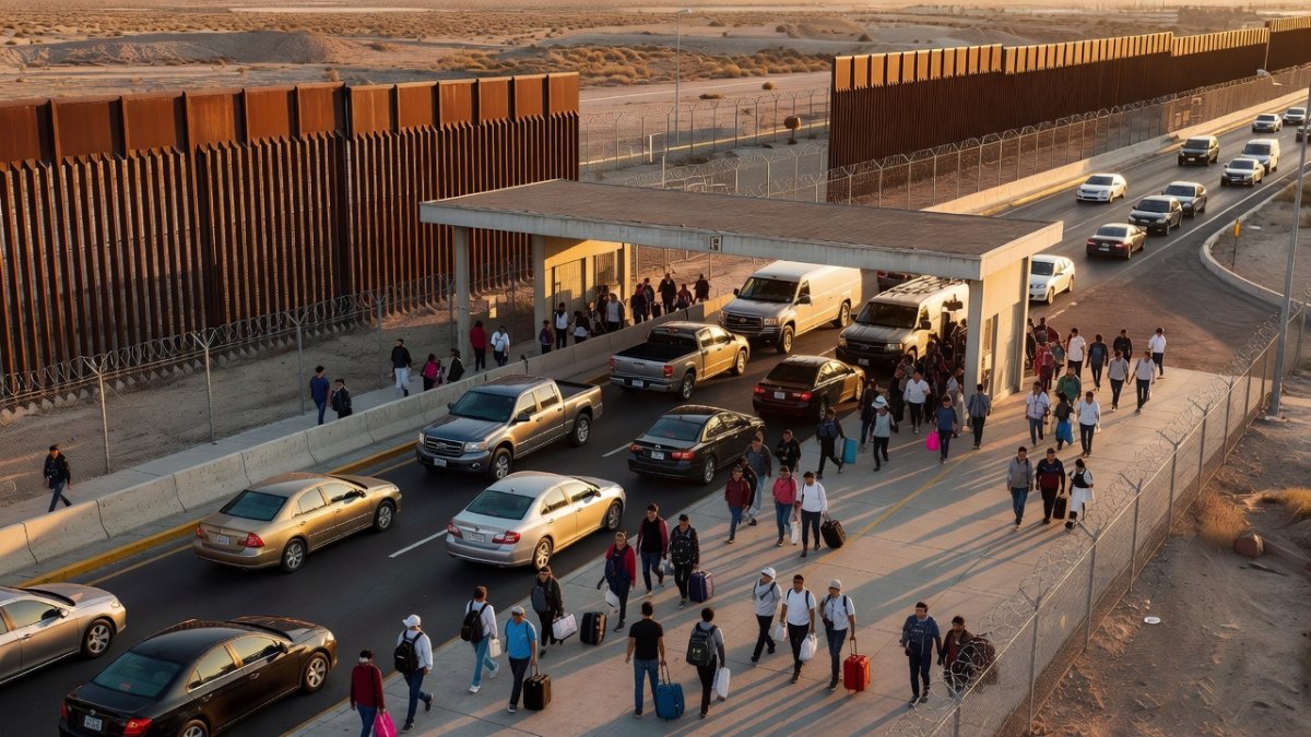 US-Mexico border crossing at San Ysidro port of entry with pedestrians and traffic