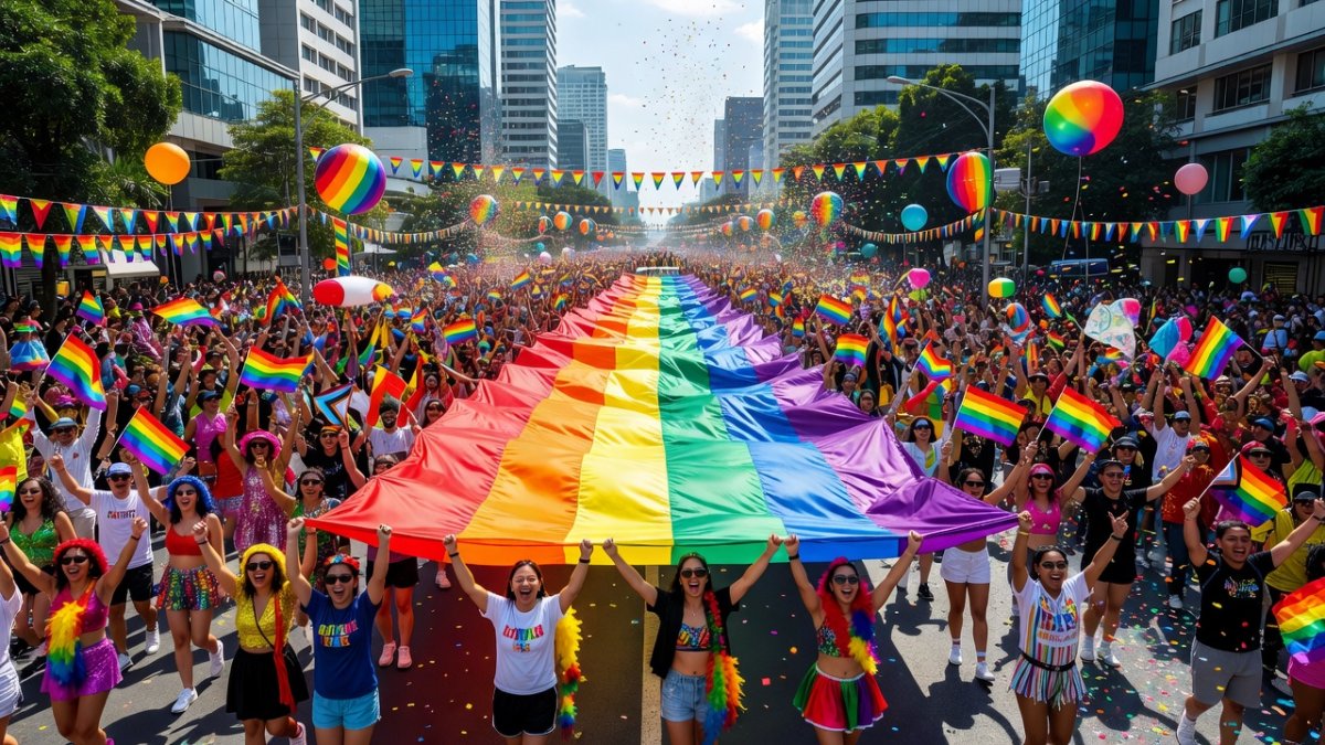 Massive crowds gather for Bangkok Pride Parade 2026 along Silom Road with rainbow flags