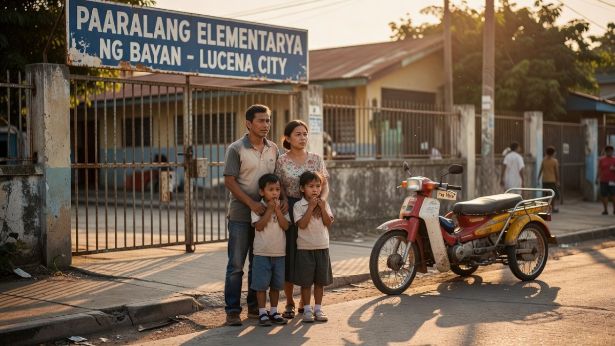 Filipino parents and children outside a school gate