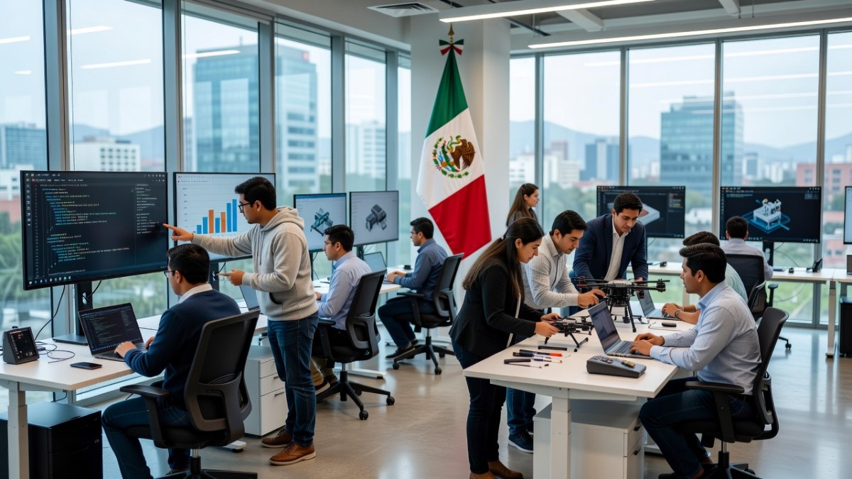 Young Mexican students and professionals collaborating in a modern technology center in Querétaro