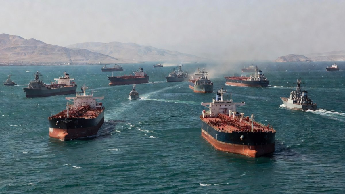 Oil tanker traffic through the Strait of Hormuz with naval presence