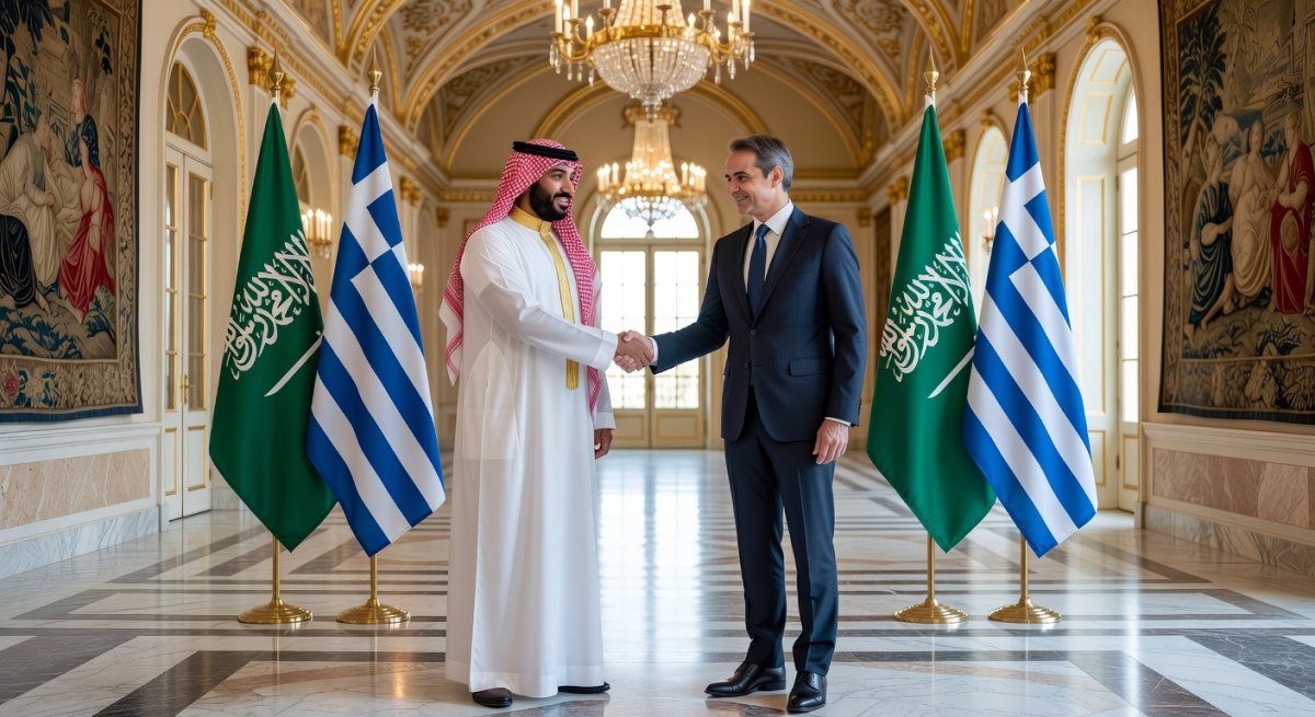 Saudi Crown Prince Mohammed bin Salman and Greek Prime Minister Kyriakos Mitsotakis at a diplomatic summit