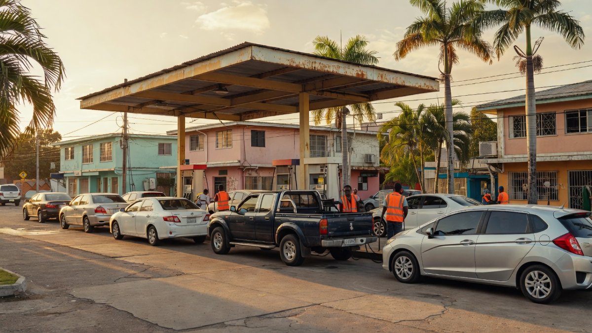Motorists queue at a petrol station in Port of Spain, Trinidad