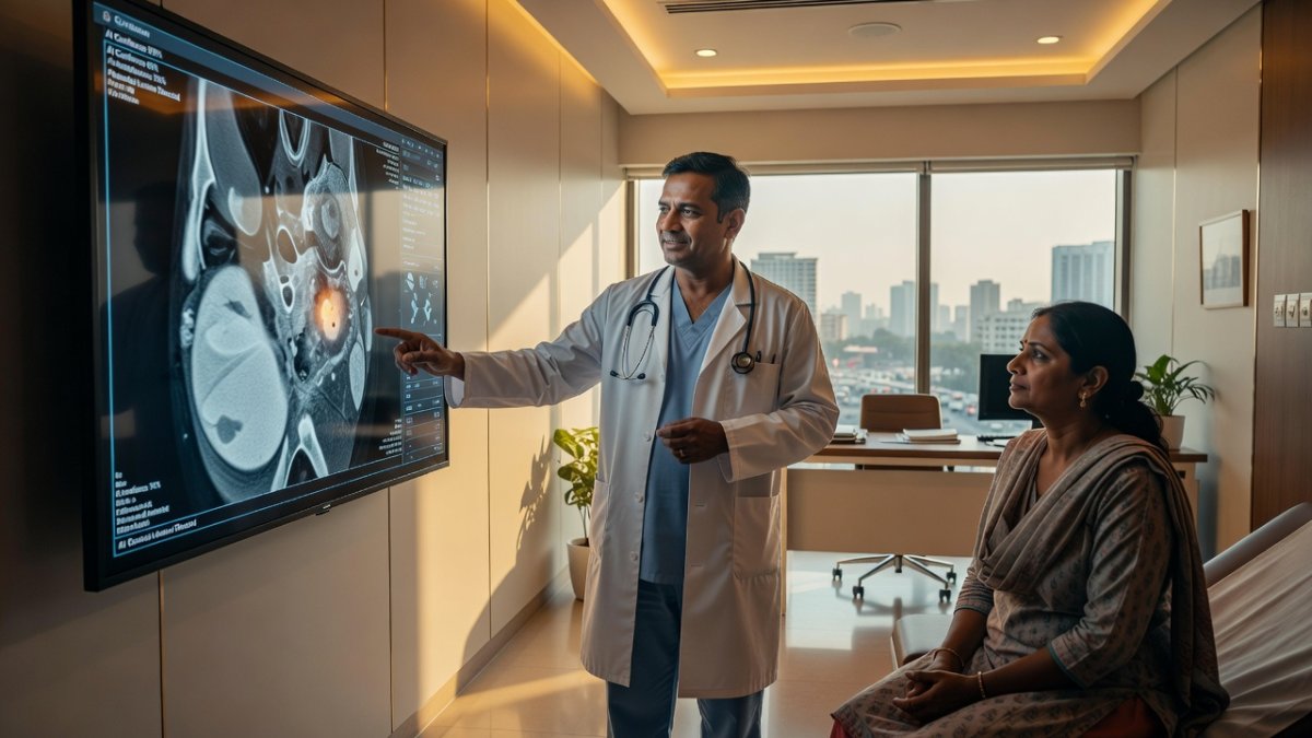 Indian doctor reviewing AI-assisted radiology scan in a Delhi hospital