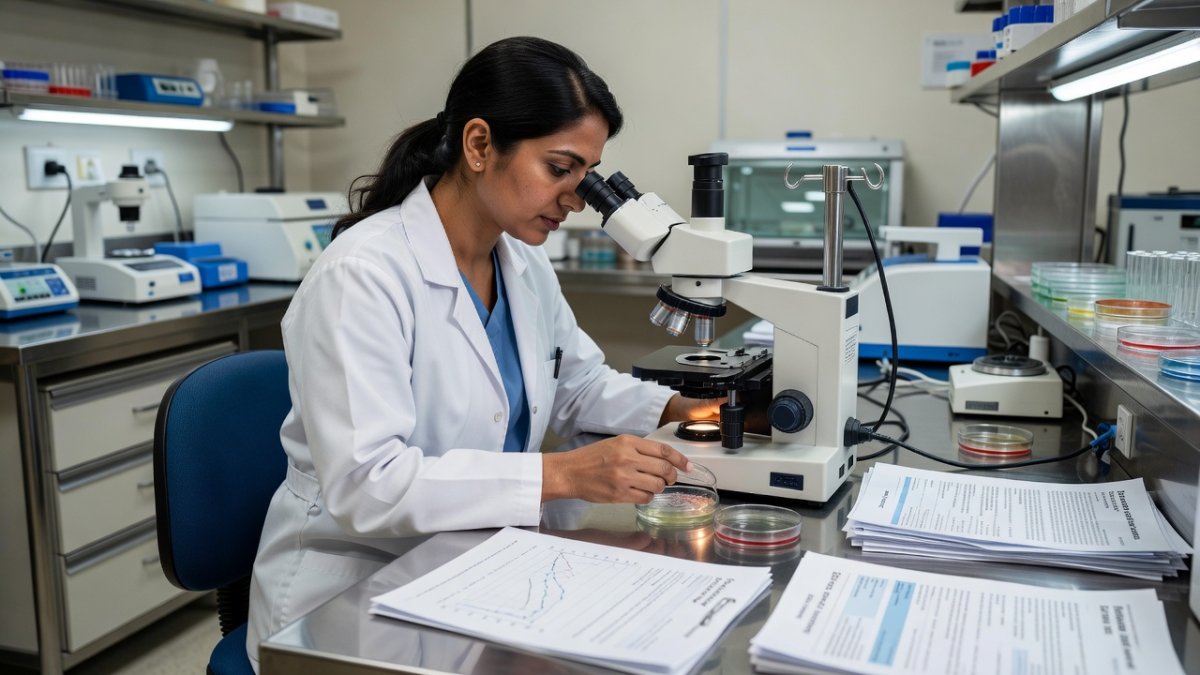 IVF laboratory facility showing scientific equipment and medical documentation