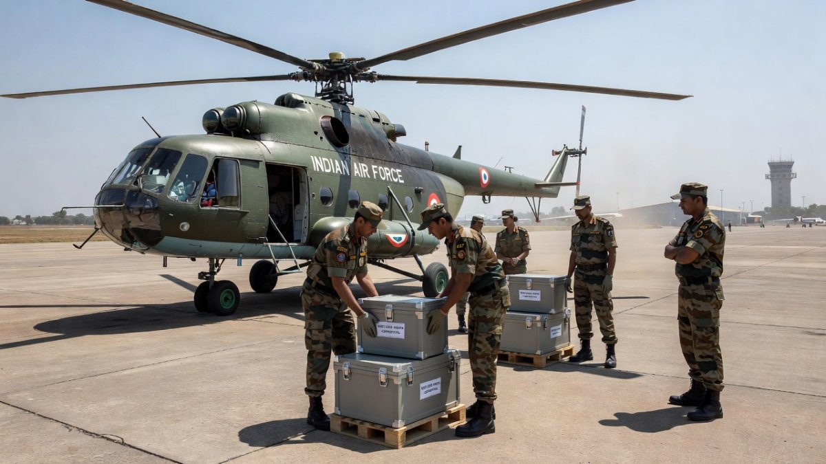 Indian Air Force Mi-17 helicopter on tarmac for NEET question paper airlift mission