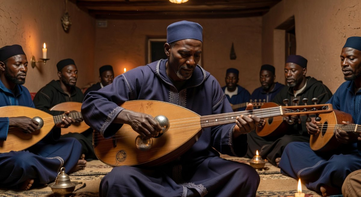 Gnawa musicians performing with traditional guembri and qraqeb instruments at the festival