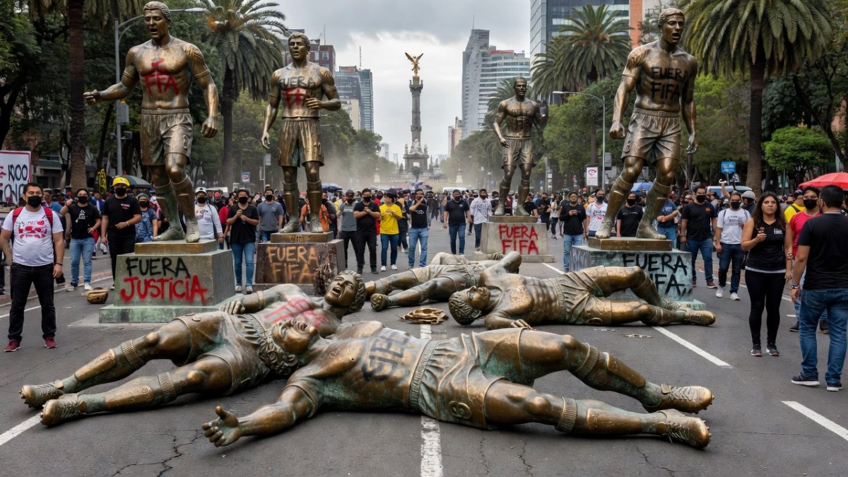 Toppled FIFA World Cup statues on Paseo de la Reforma during teacher protests in Mexico City