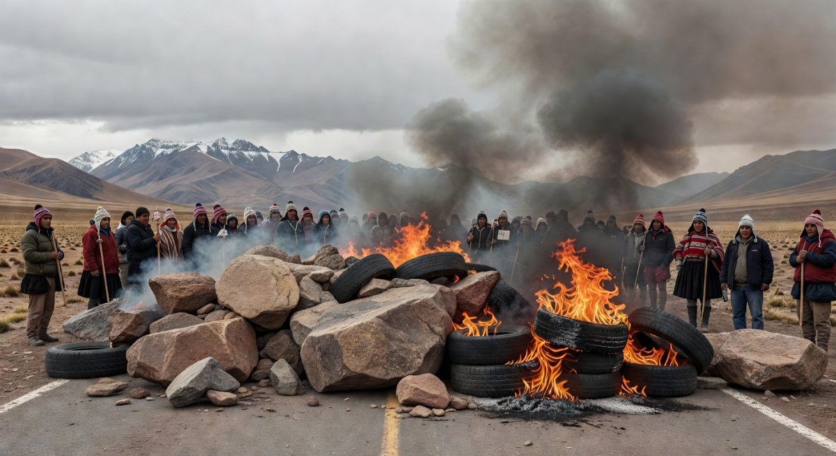 Road blockade blocking supply routes near La Paz during June 2026 anti-government protests