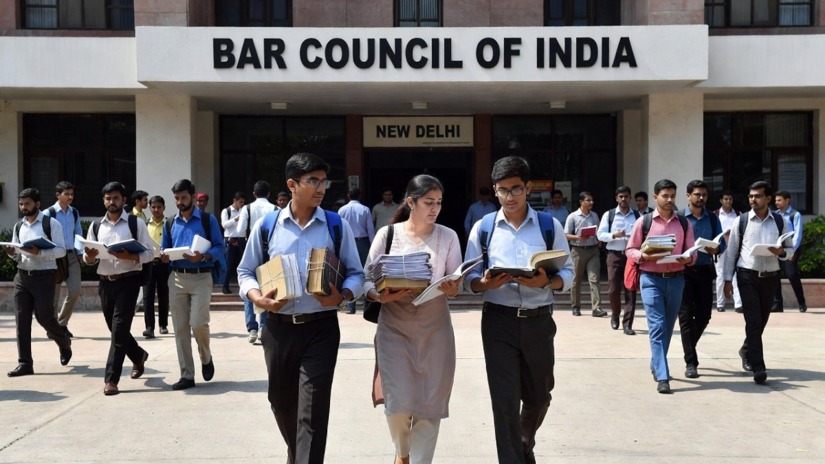 Bar Council of India building with law students