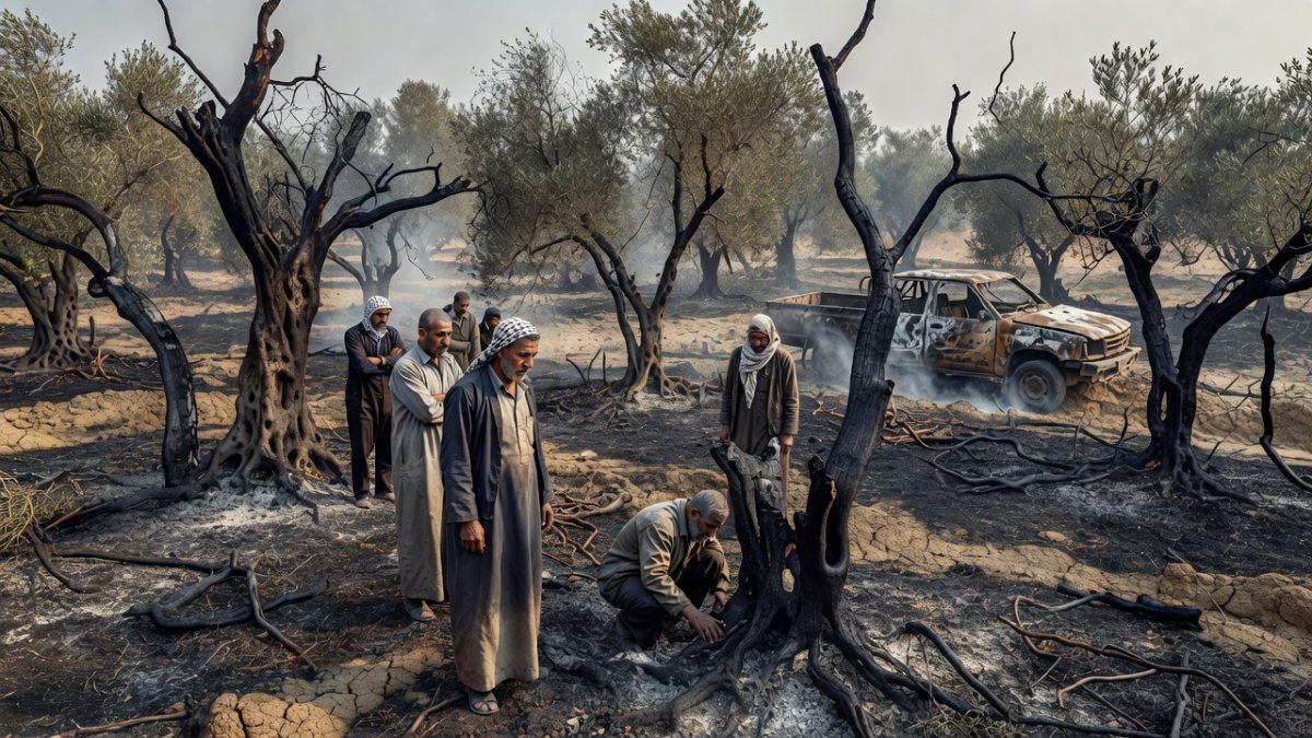 Burned olive groves and farmland in Deir Dibwan, occupied West Bank, after settler arson attack destroyed crops and vehicles