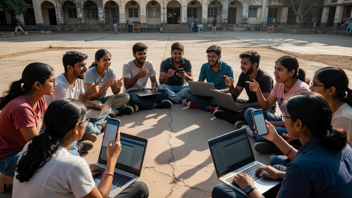 Gen Z students and activists participating in the Cockroach Youth Movement discussing education reform and exam transparency in Delhi
