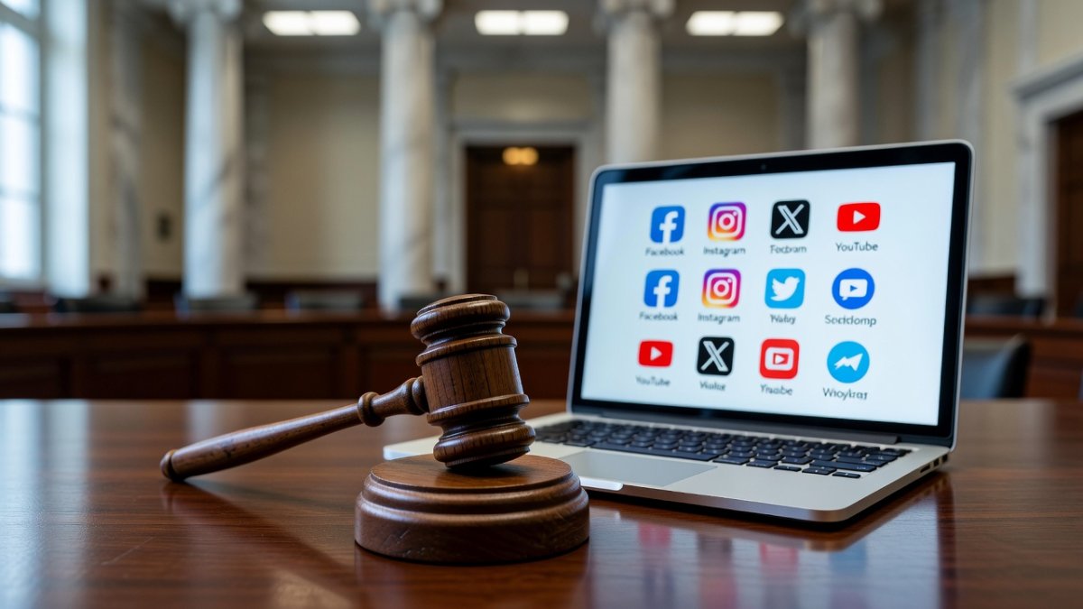 Legal gavel and laptop showing digital platform regulation icons