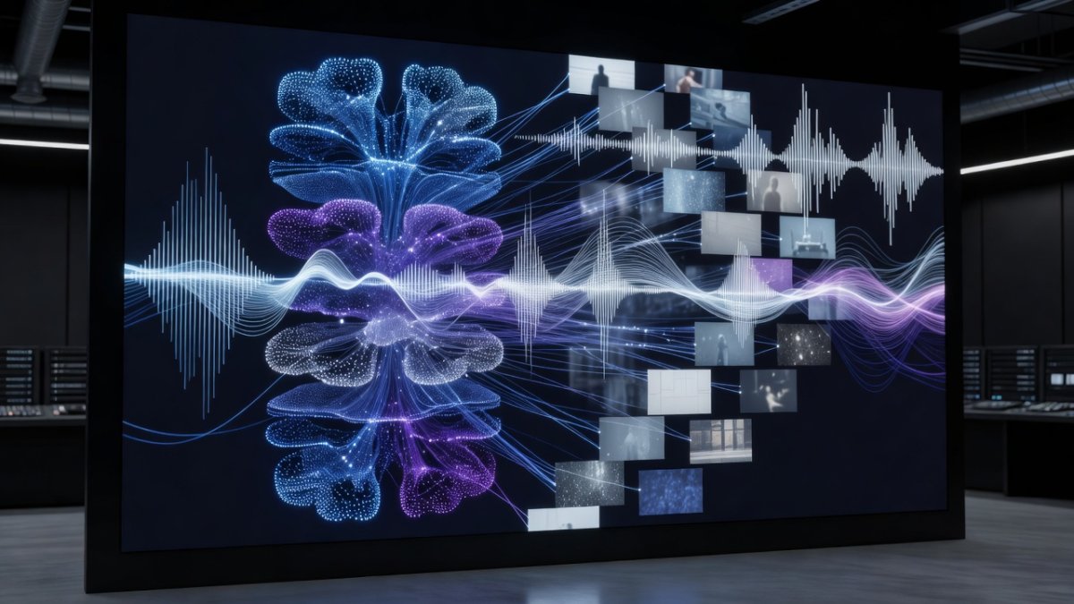 Abstract visualization of AI video generation, neural network processing frames