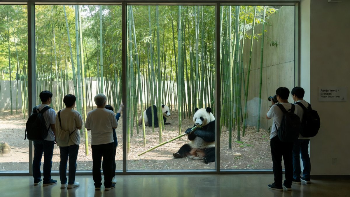Panda World indoor habitat at Everland theme park in Yongin, South Korea, featuring bamboo forest environment