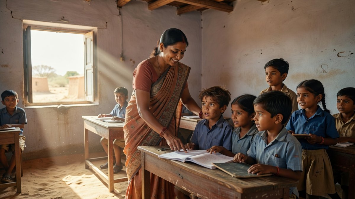 Indian teacher with students