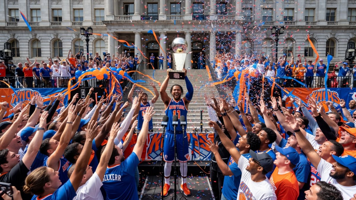 Jalen Brunson celebrates with the NBA championship trophy surrounded by New York Knicks fans at City Hall