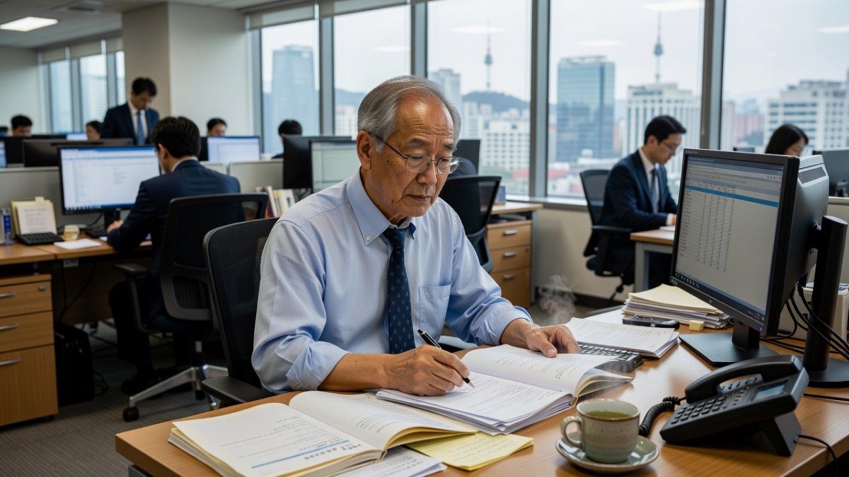 Older South Korean professional working at a desk in Seoul