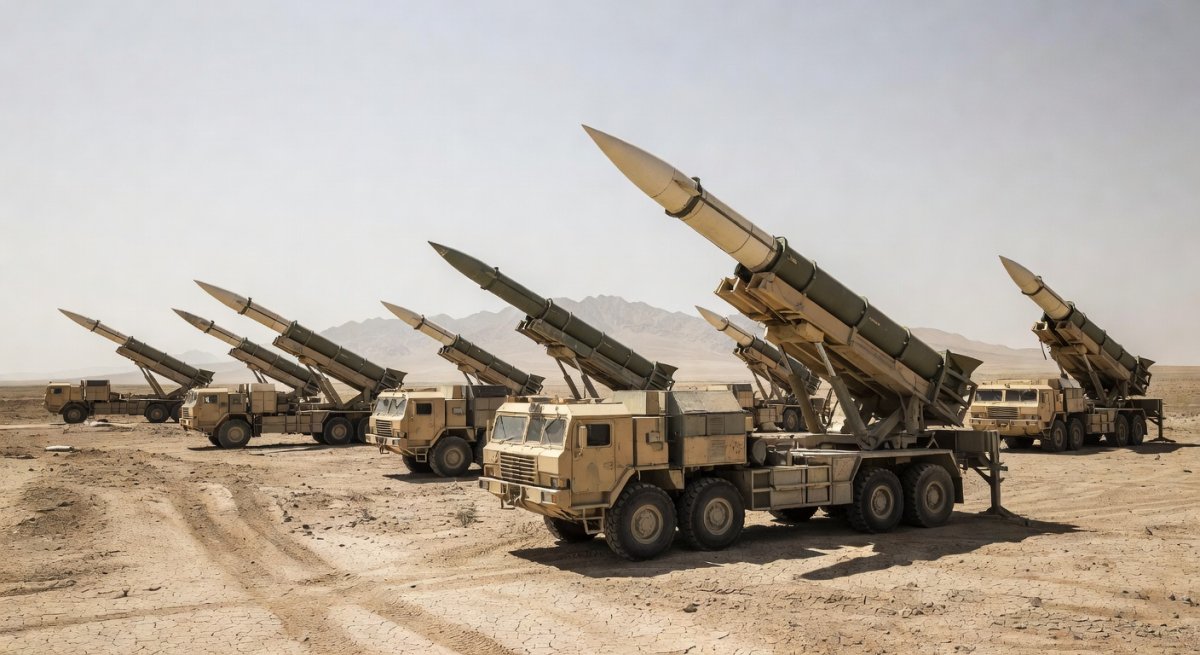 Iranian ballistic missiles on mobile launchers in a desert landscape