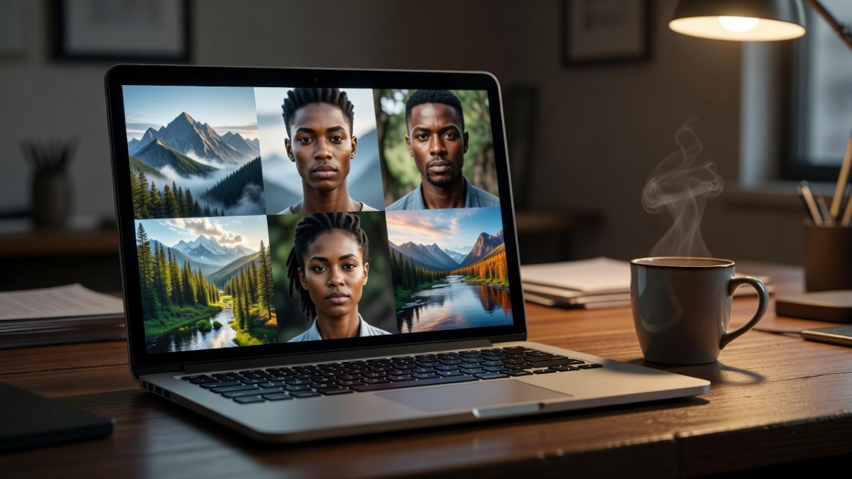 AI-generated photorealistic artwork displayed on a laptop screen showing image quality