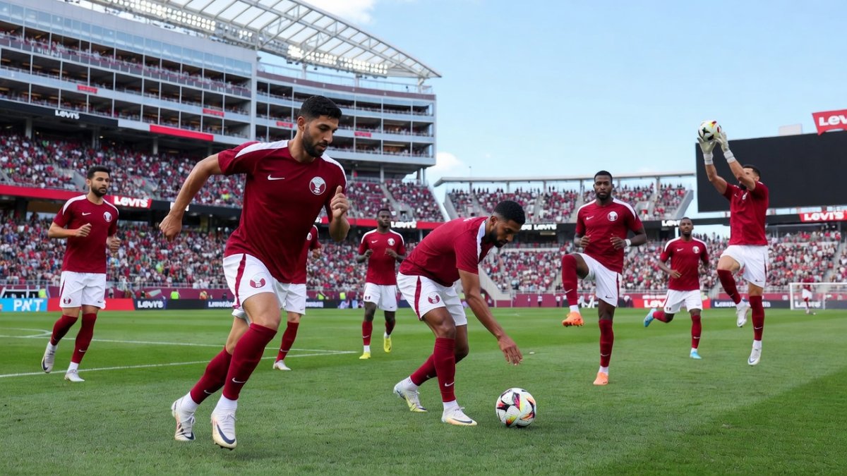 Qatar national team players warming up at Levi's Stadium ahead of their World Cup 2026 Group B match against Switzerland