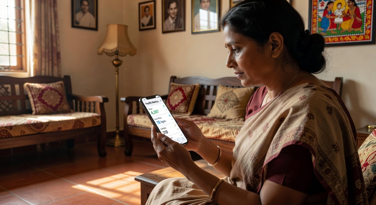 Indian person using a fitness tracking smartphone application in a home setting displaying health metrics