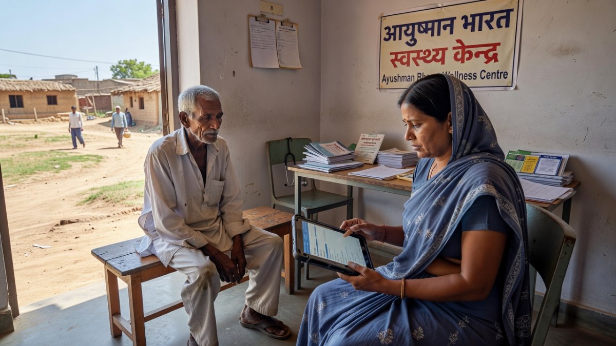 Community health worker recording grip strength data on tablet at Ayushman Bharat wellness centre