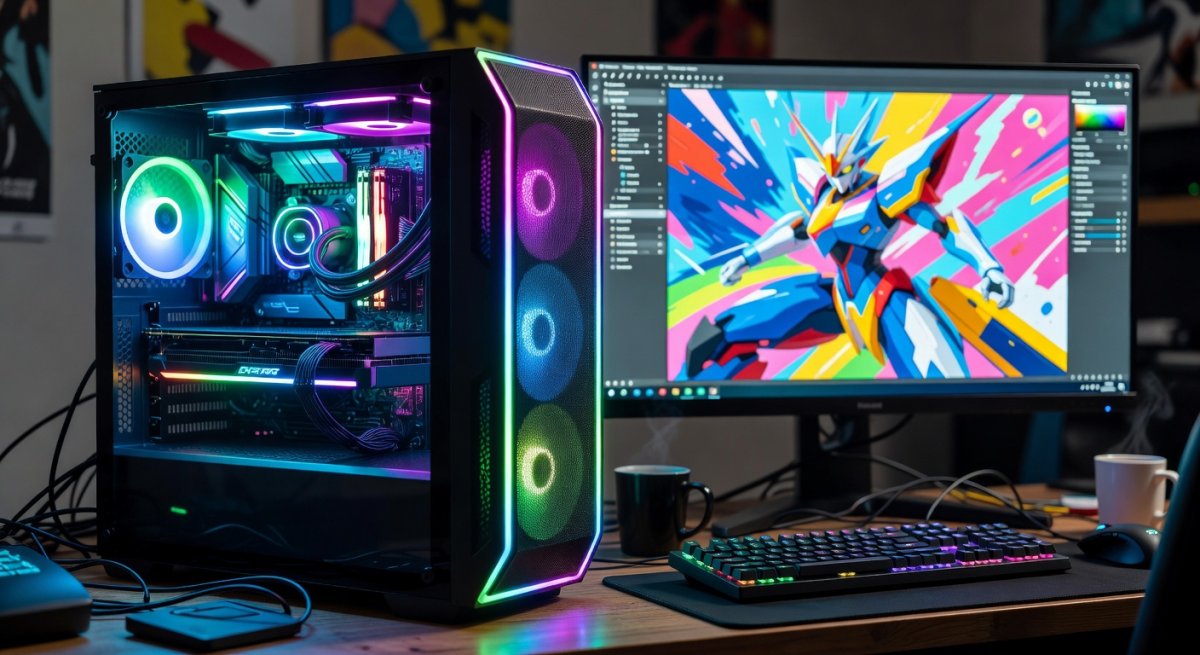 Gaming PC with RGB lighting running AI generation