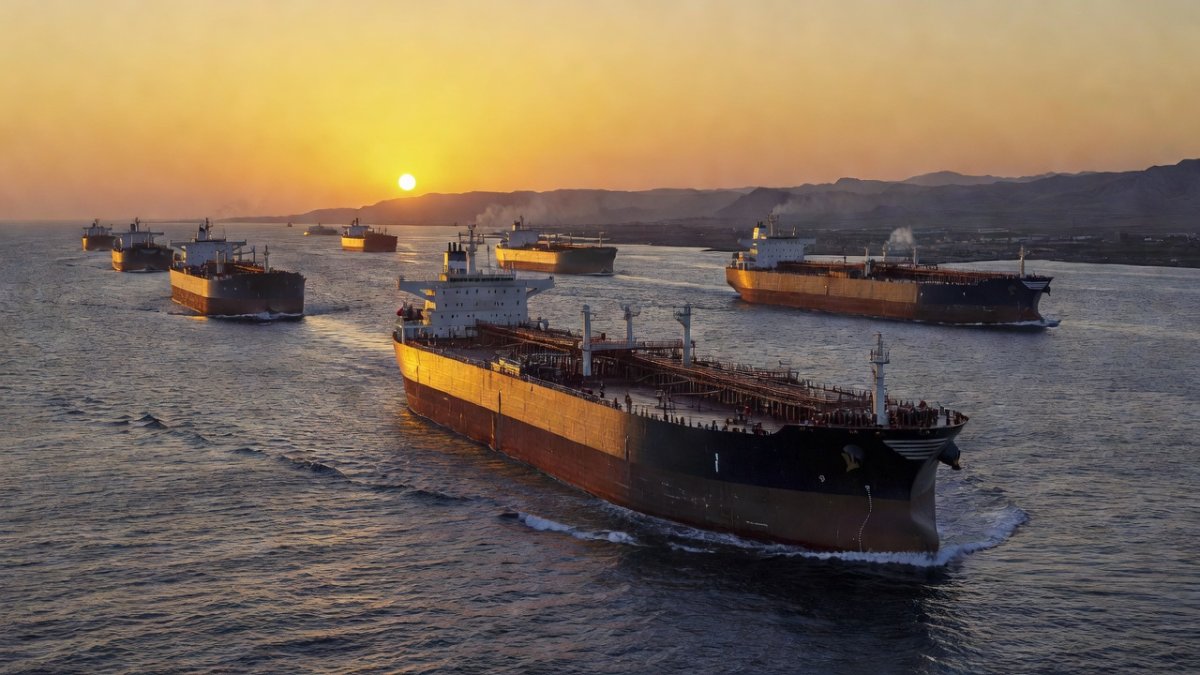 Oil tankers navigating the Strait of Hormuz at golden hour, Iranian coastline visible