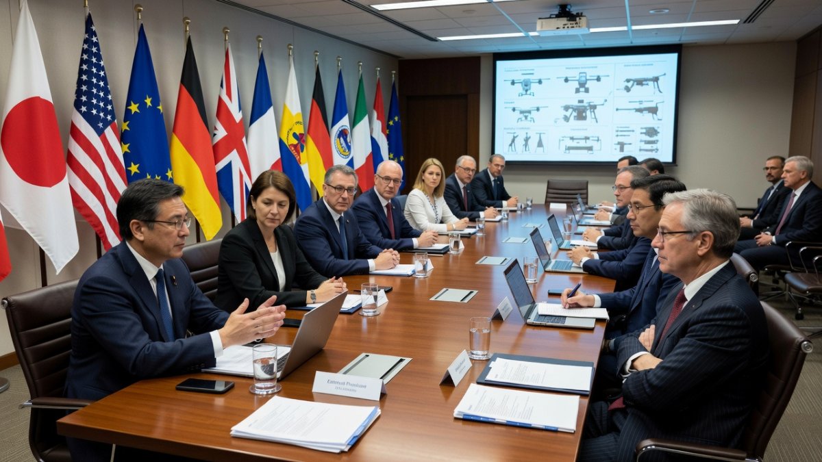 International diplomats and officials gathered at UN conference discussing autonomous weapons regulation