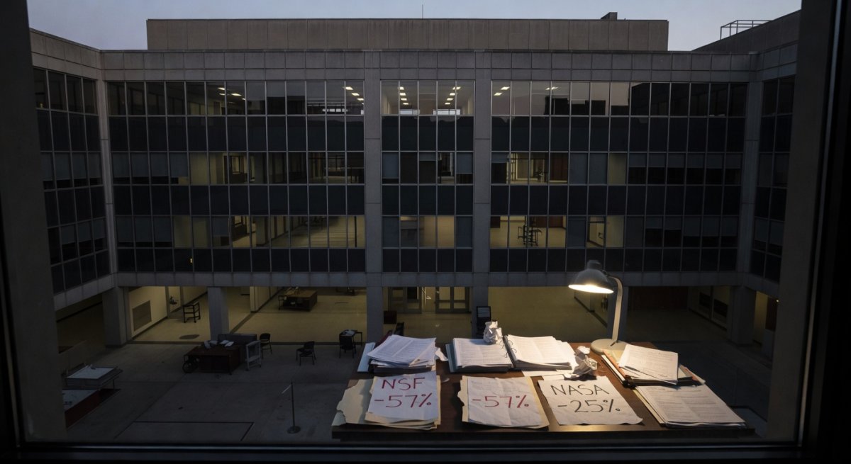 Dimly lit US government science research building with budget cut documents on a desk