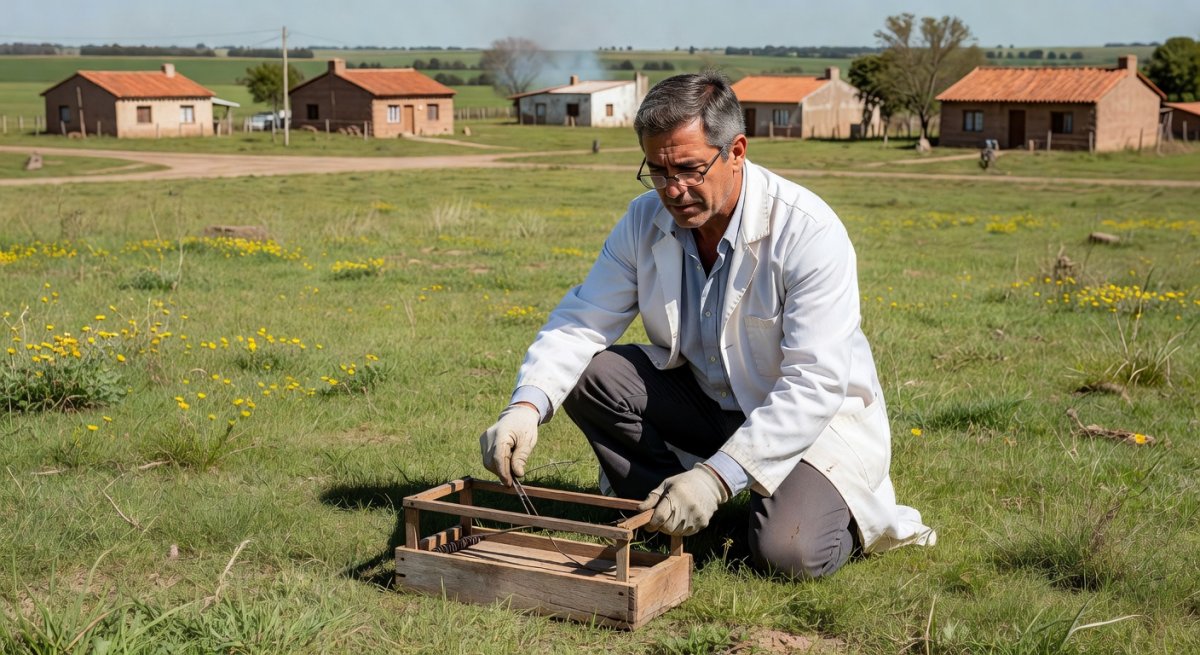 Scientist inspecting rodent traps in rural Argentina during hantavirus monitoring