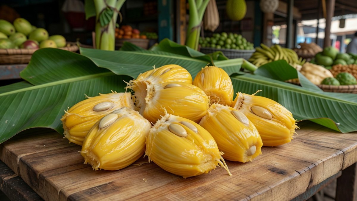 Fresh jackfruit slices on Indian market stall