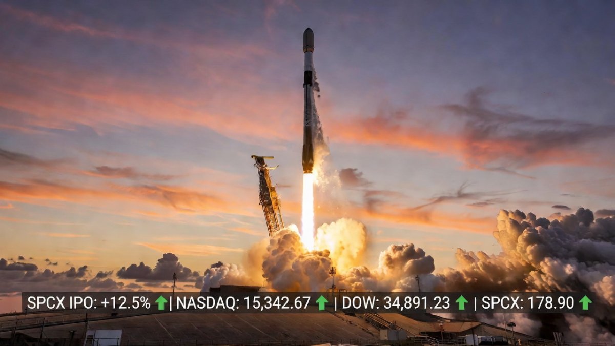 SpaceX Falcon 9 rocket launch with IPO market ticker theme