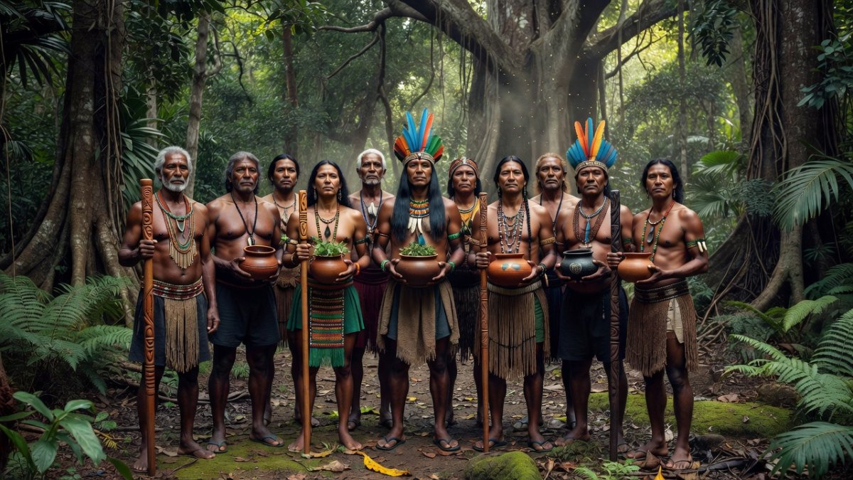 Indigenous environmental defenders from the Amazon standing together in a forest clearing, representing the communities most at risk from violence against environmental activists